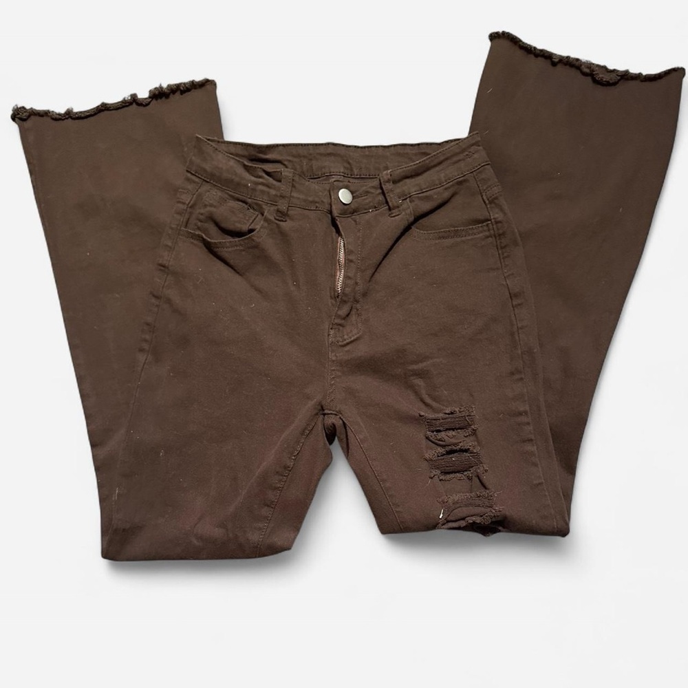 Chic Brown Distressed Flare Jeans